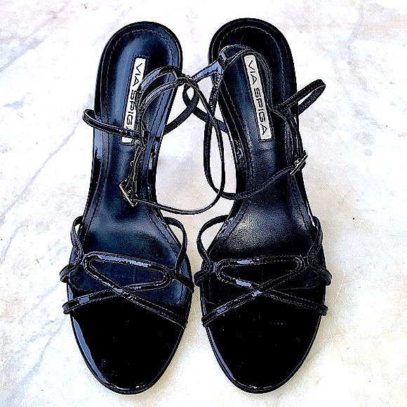 VIA SPIGA SANDAL BLACK PATENT LEATHER STRAPY HEEL SIZE 8 1/2  V-JEMA NIB Y2K - Picture 7 of 11